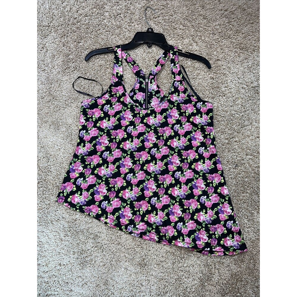 Material Girl Womens Tank Top Back Zip Floral Multicolor Asymmetrical Hem Sz M